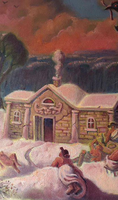 Oil painting Winter evening entertainment by Daniil Litvinov: snowy stone cottage