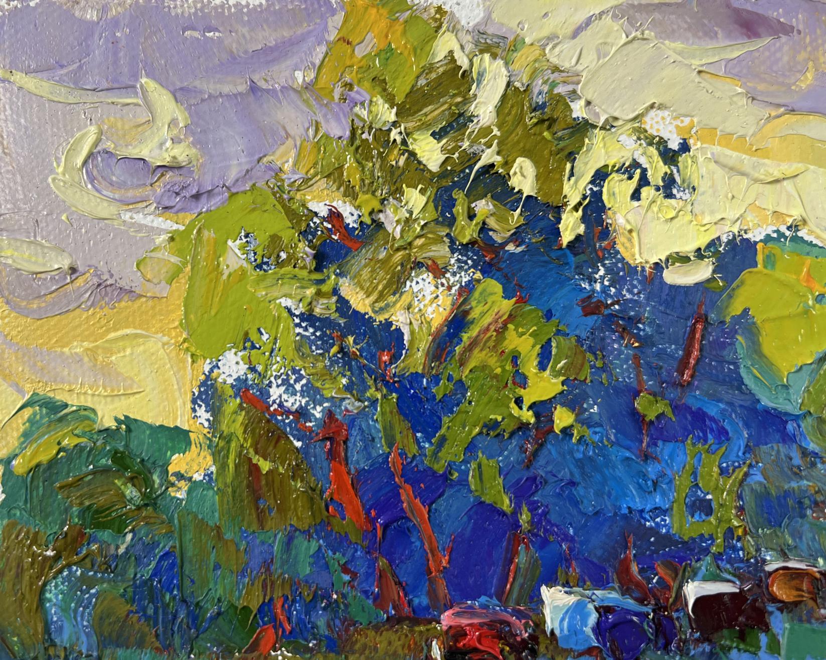 Quiet morning oil painting by Oksana Ivanyuk with vibrant impressionist foliage