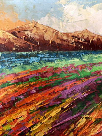Oil painting Brown Mountains V. Zadorozhnya with vibrant purple orange green fields
