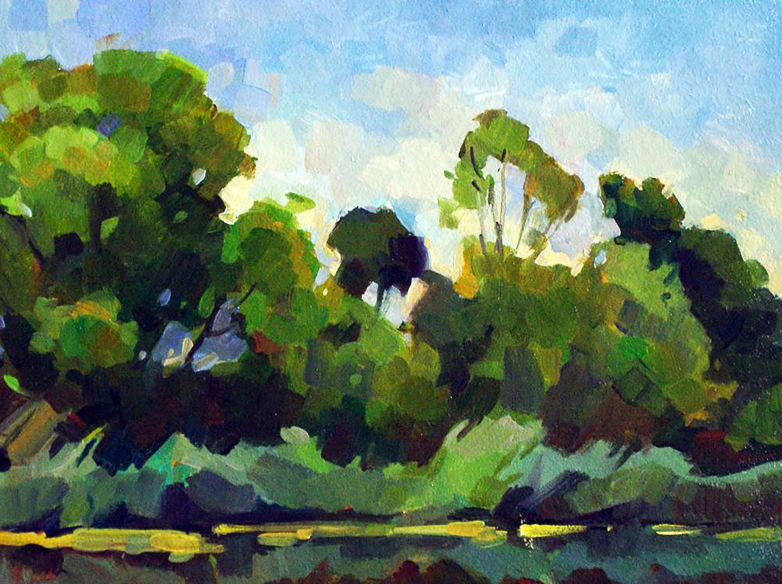 Impressionist oil painting of river near village by Anastasia Yaroshevich