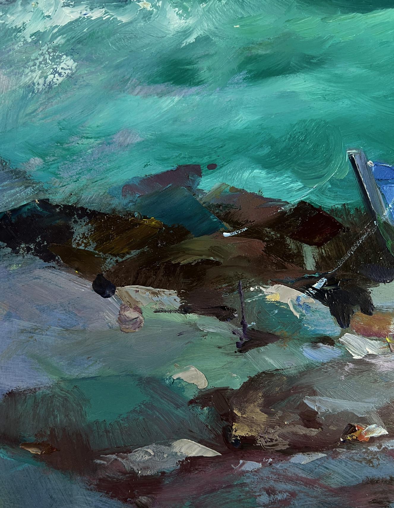 Oil painting Fishermen at Sea by Yuriy Suprunchuk: turbulent turquoise water, rocky formations