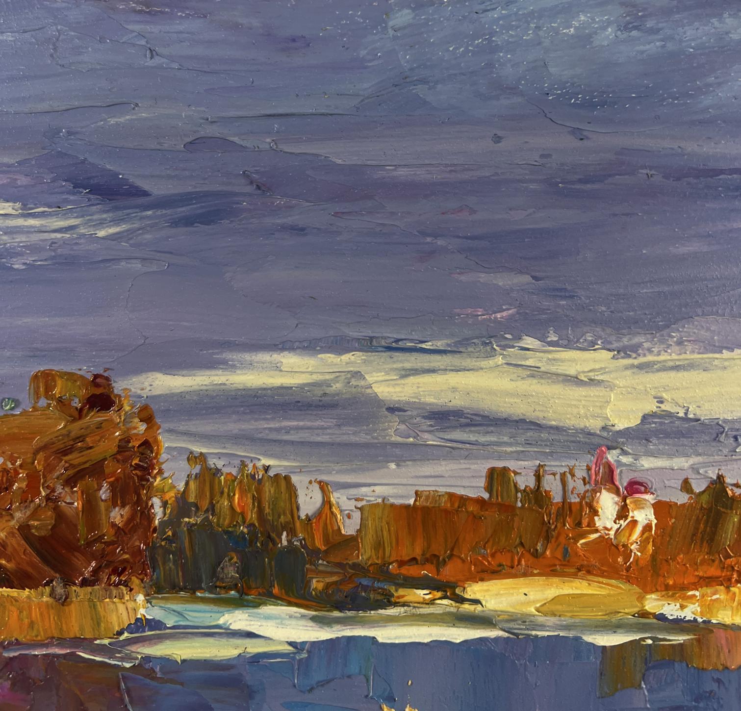 Oil painting Silent Cover by Boris Serdyuk: rugged rocks under swirling purple sky
