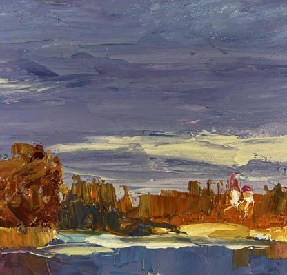 Oil painting Silent Cover by Boris Serdyuk: rugged rocks under swirling purple sky