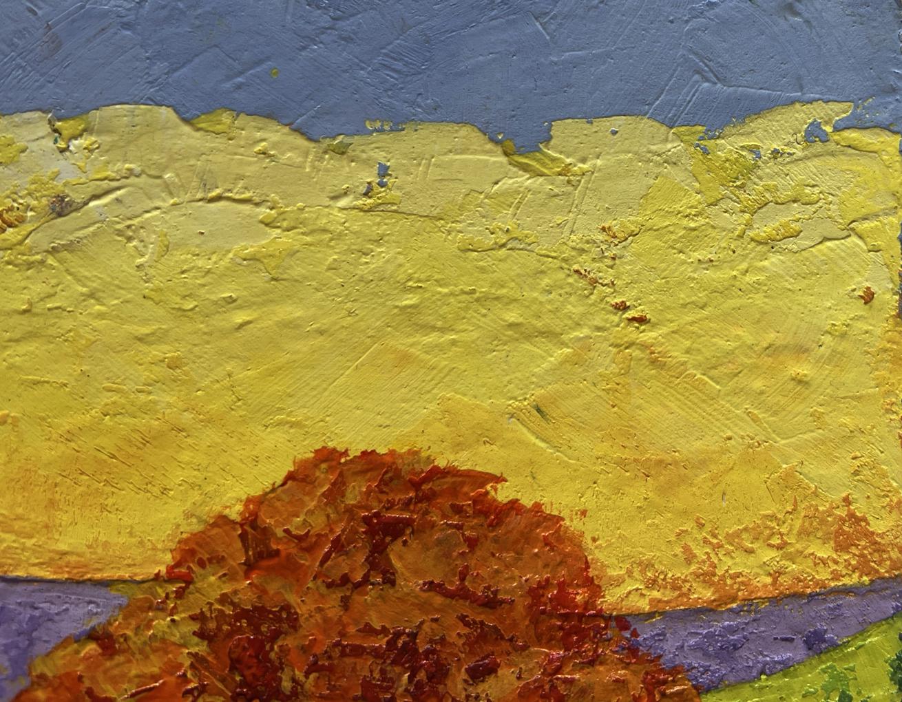 Oil painting Blazing Sunset V. Zadorozhnya: vibrant yellow landscape under blue sky