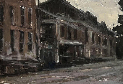 Dark textured oil painting of weathered brick building by Volodymyr Pashchenko