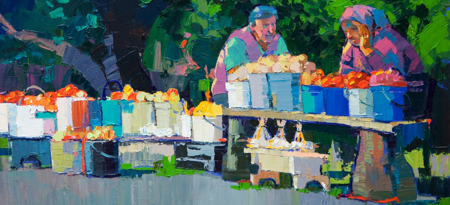 Vibrant impressionistic oil painting of roadside market vendors by Natalia Korf-Ivaniuk