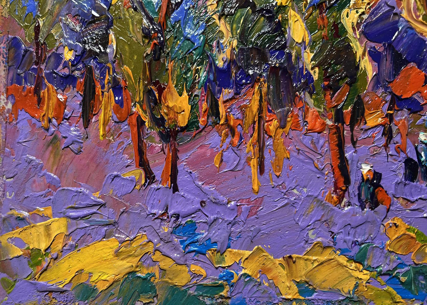 Vibrant impressionist oil painting of yellow sunset behind trees by Oleksiy Ivanyuk