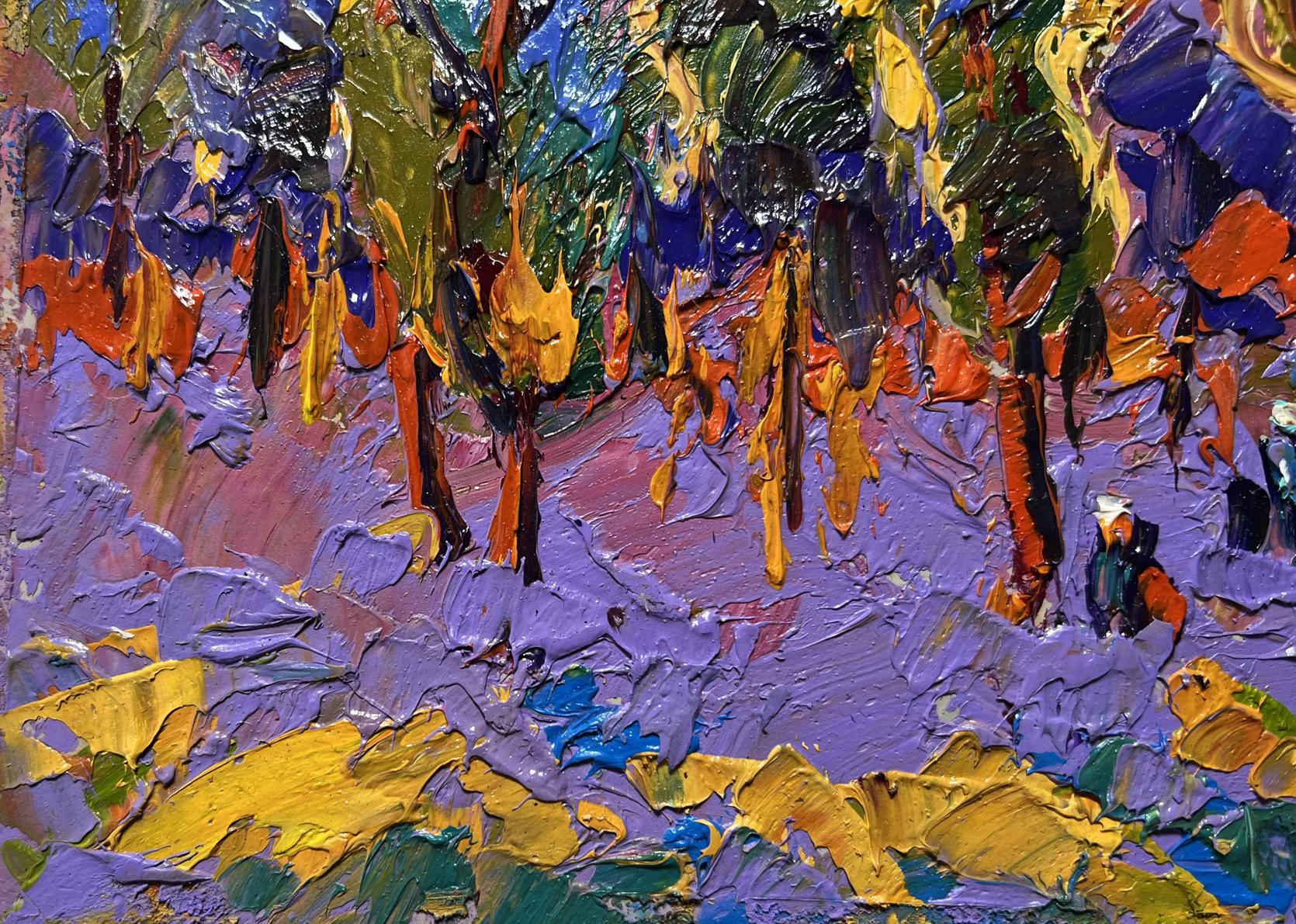 Vibrant impressionist oil painting of yellow sunset behind trees by Oleksiy Ivanyuk
