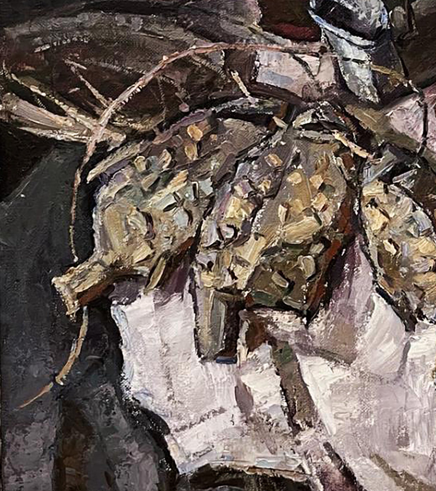 Textured earth-toned oil painting of skull by Oleksandr Andreev