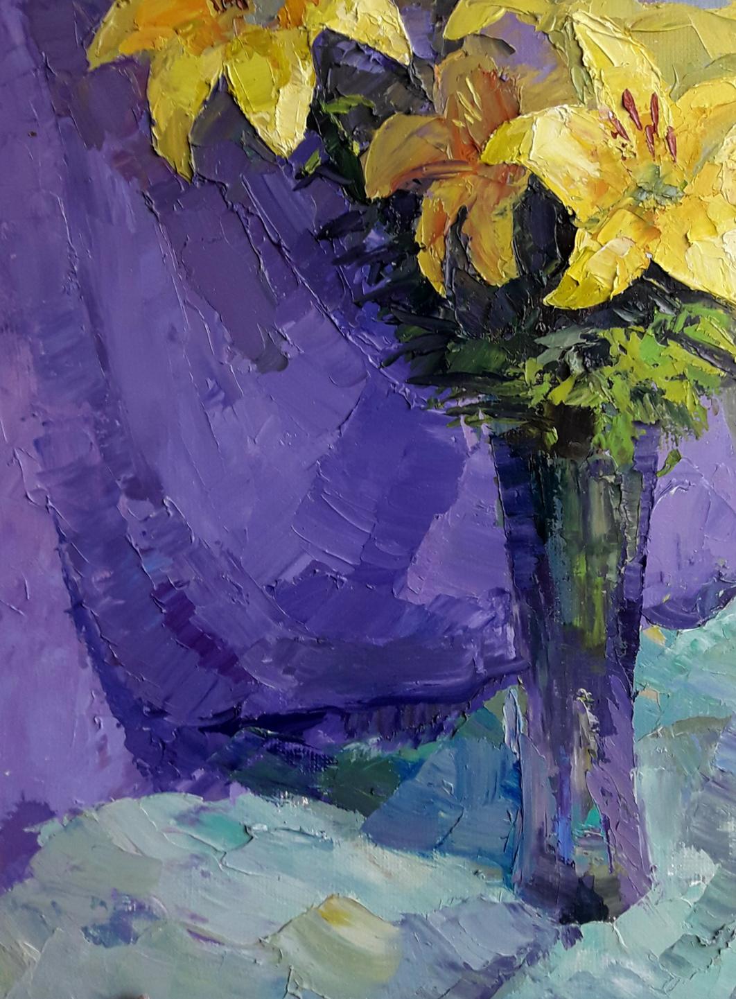 Oil painting Yellow lilies by Boris Serdyuk, vibrant yellow lilies in green vase on purple background
