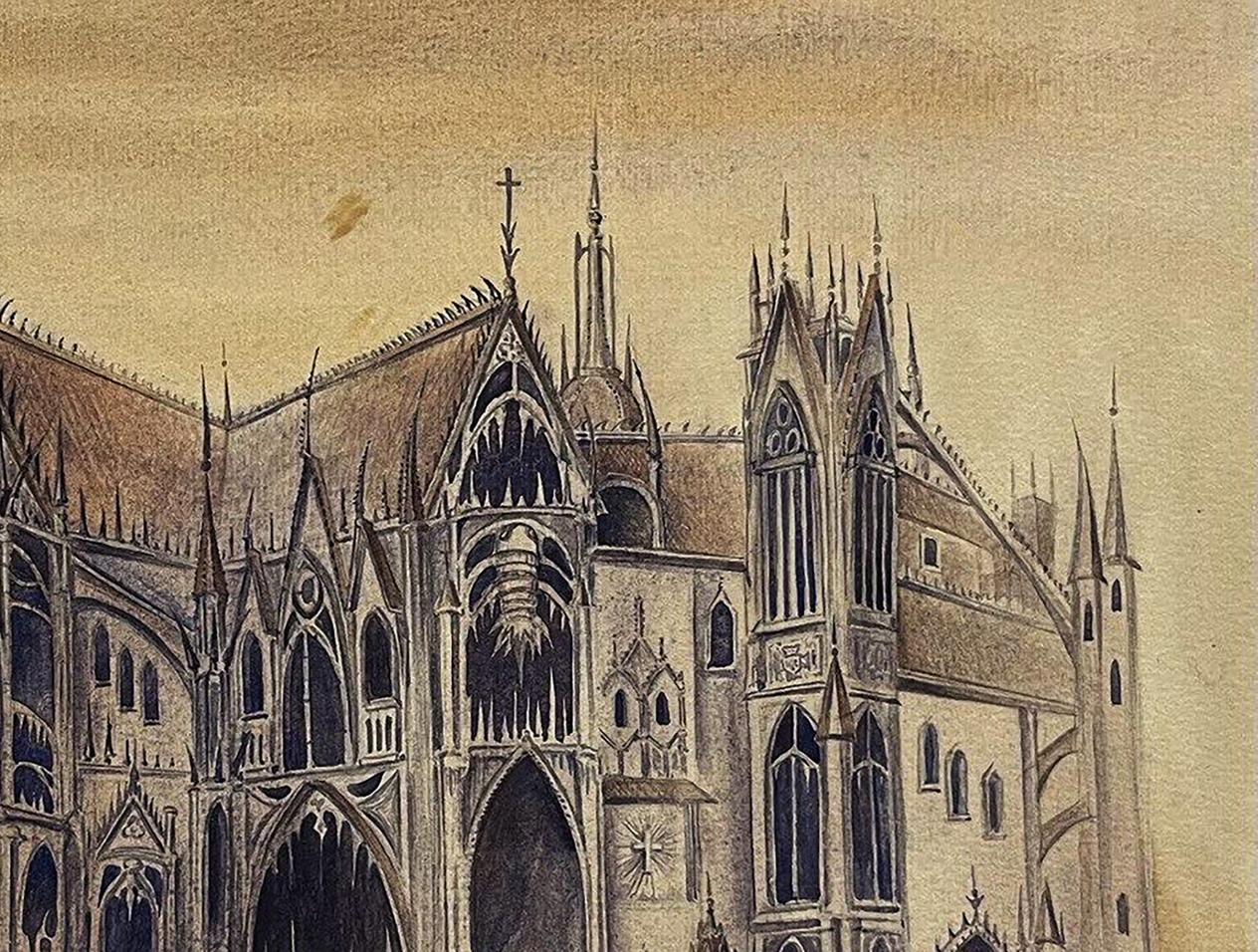Sepia Gothic cathedral watercolor painting by Dmytro Startsev Inquisition