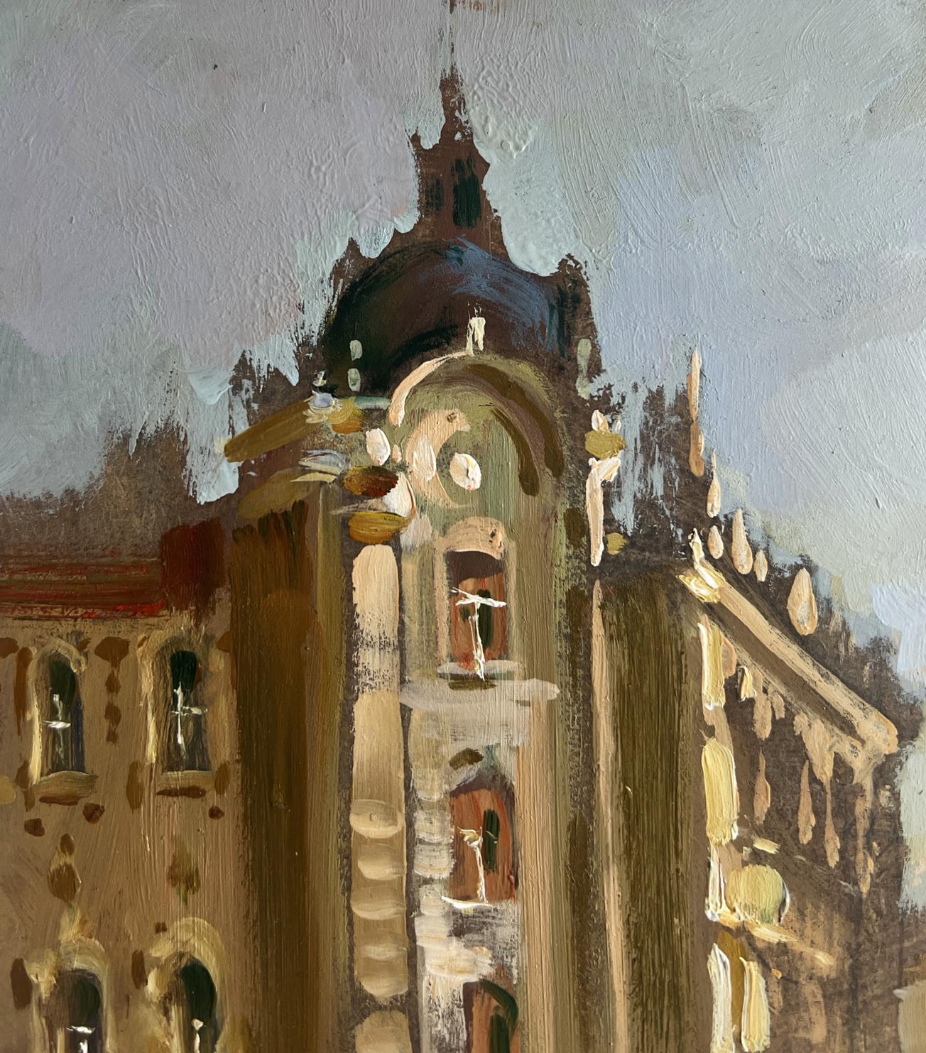 Oil painting by Yuriy Suprunchuk: quiet corner of old town in warm brown tones