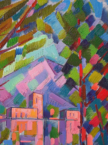 Vibrant oil painting In the Mountains by Peter Dobrev with colorful house