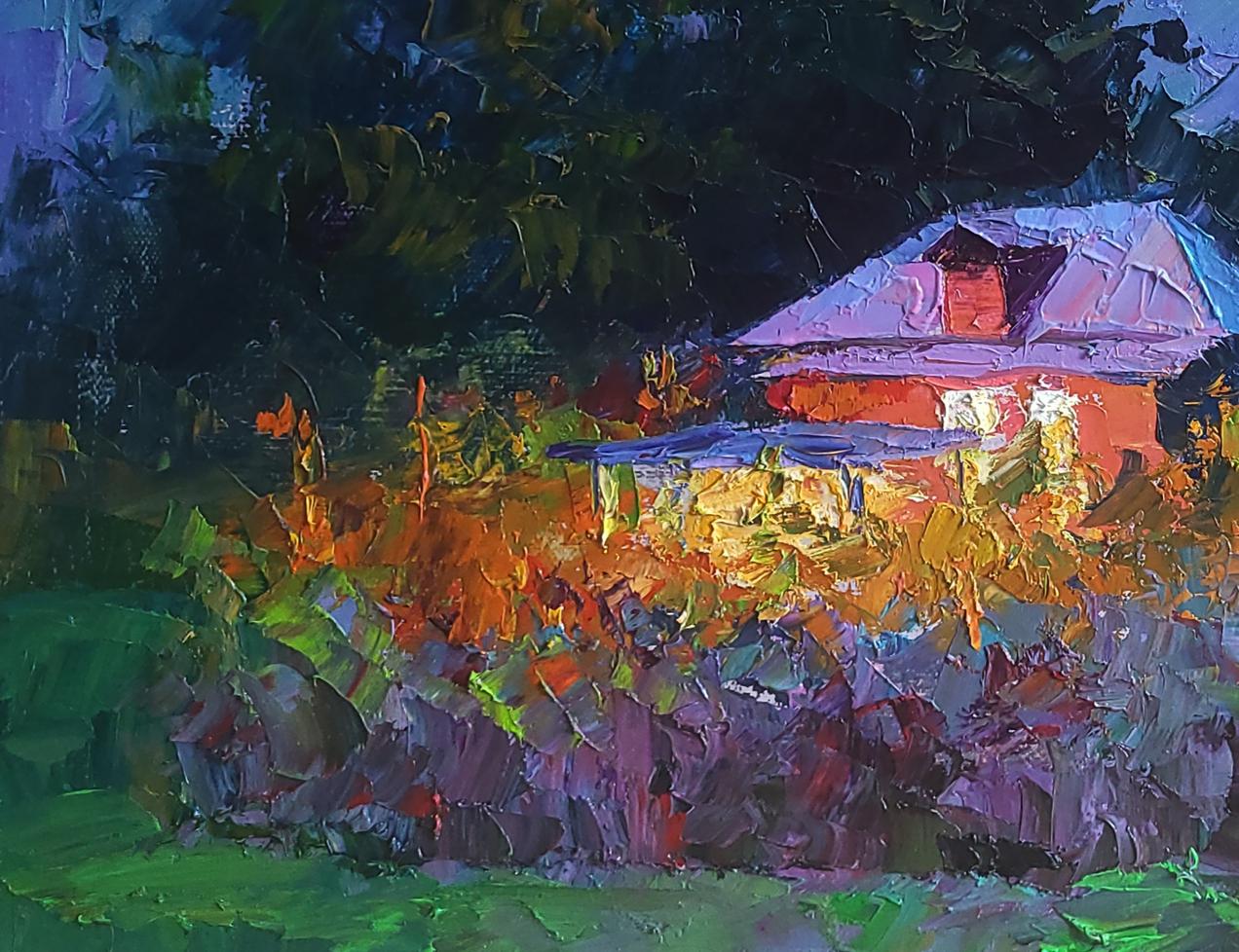 Oil painting Evening by Boris Serdyuk: house with purple roof in foliage