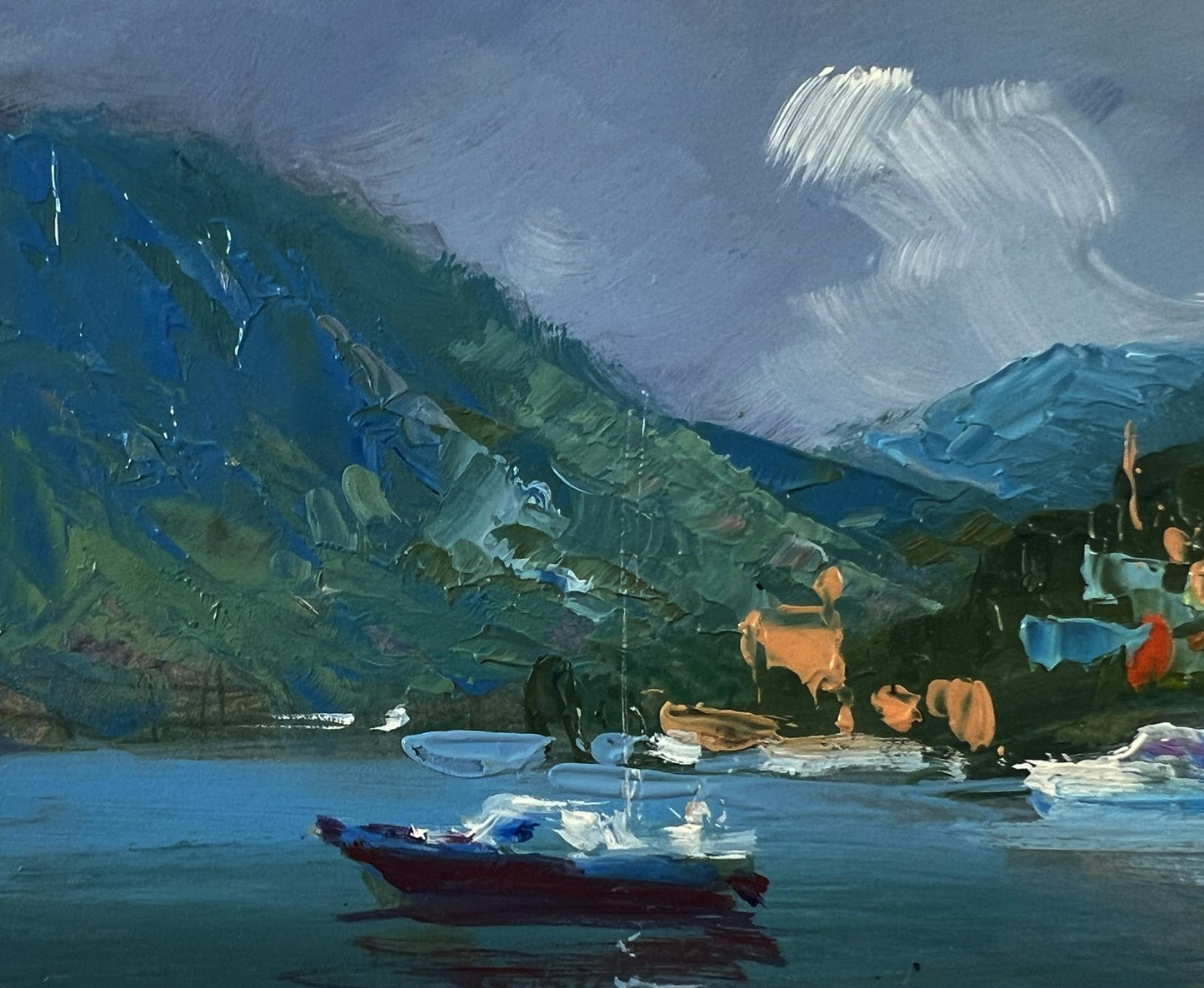 Vibrant impressionist oil painting by Yuriy Suprunchuk: boats near mountains