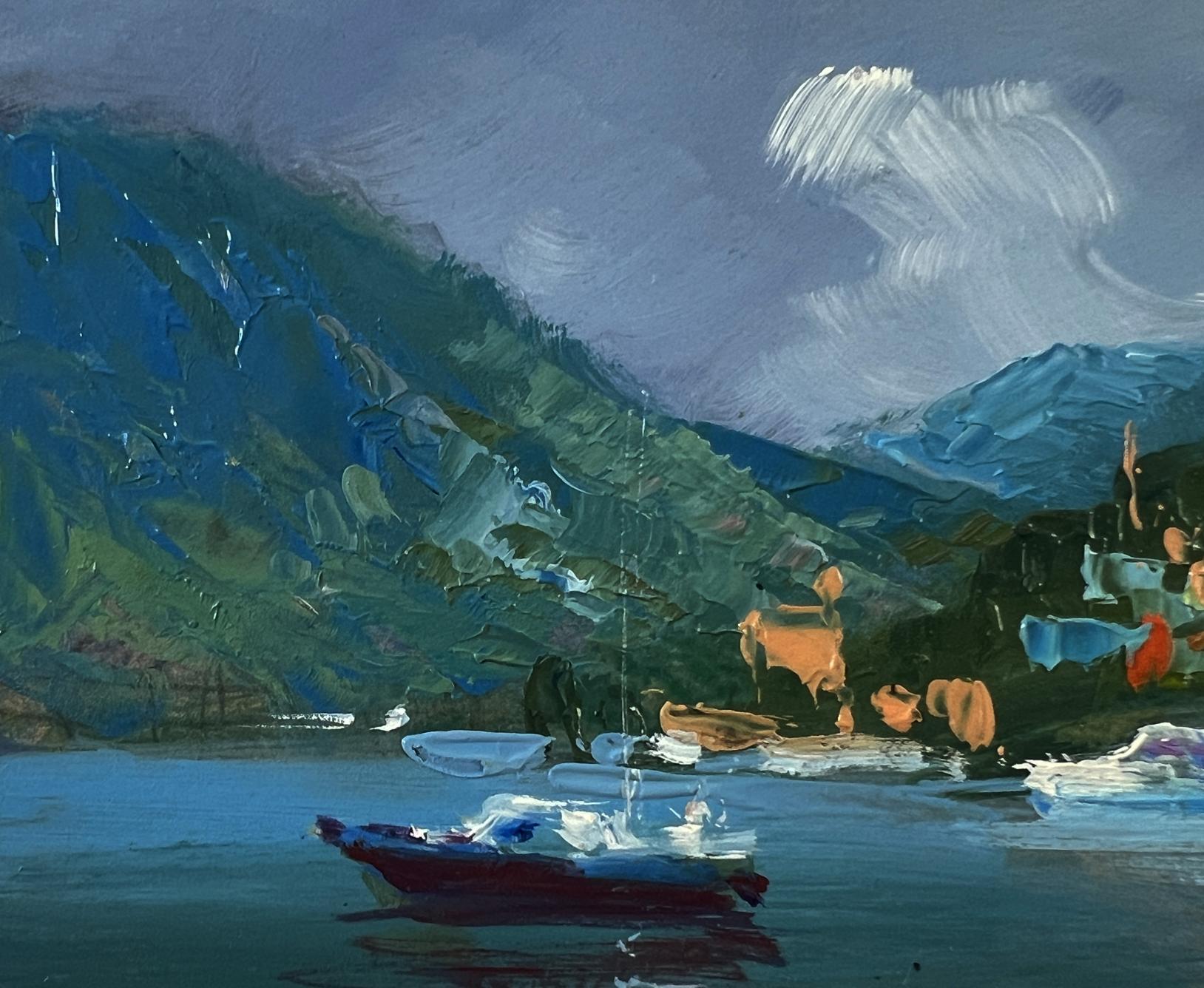 Vibrant impressionist oil painting by Yuriy Suprunchuk: boats near mountains