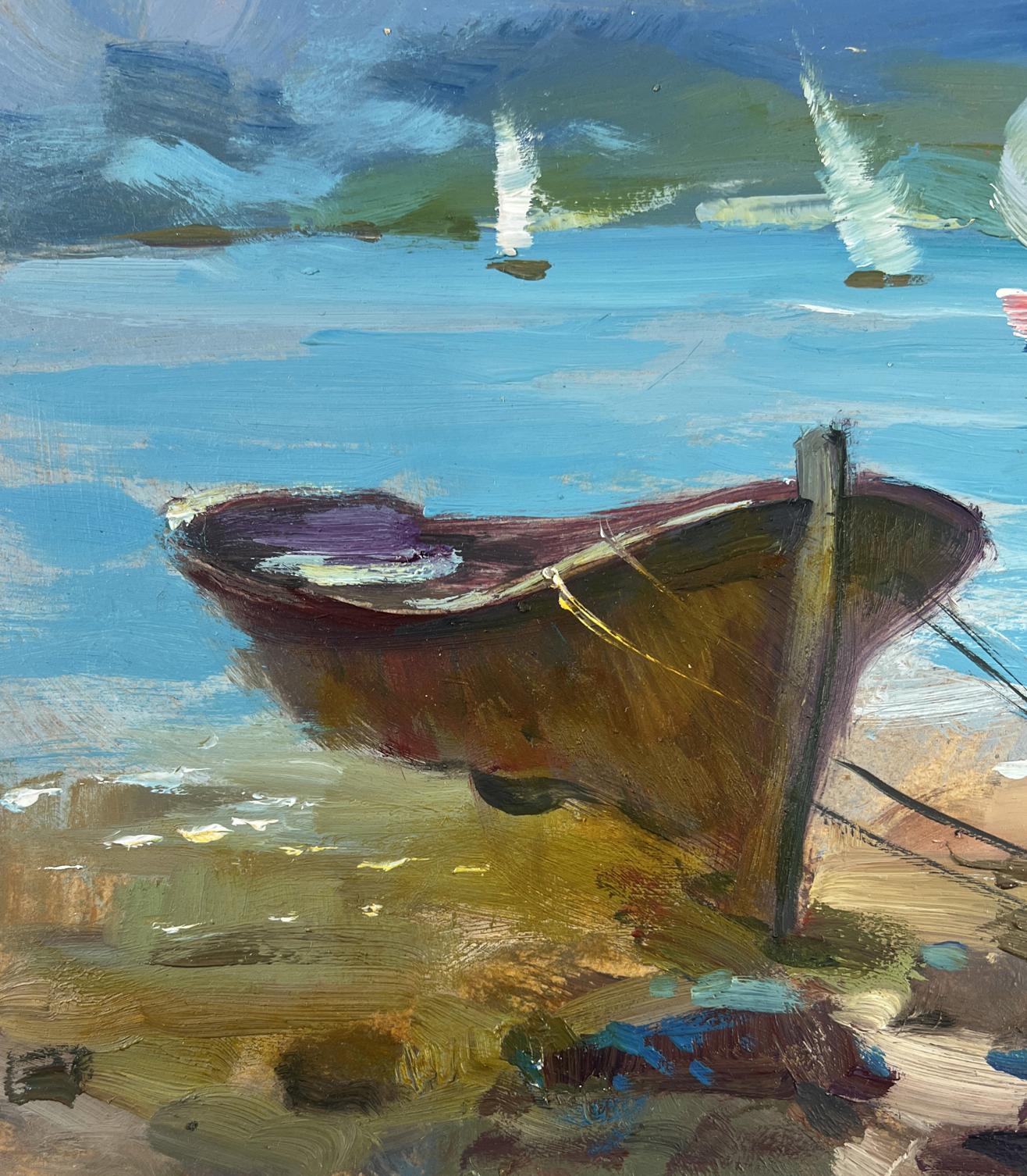 Weathered wooden rowboat with dark brown hull and purple interior in Yuriy Suprunchuk oil painting