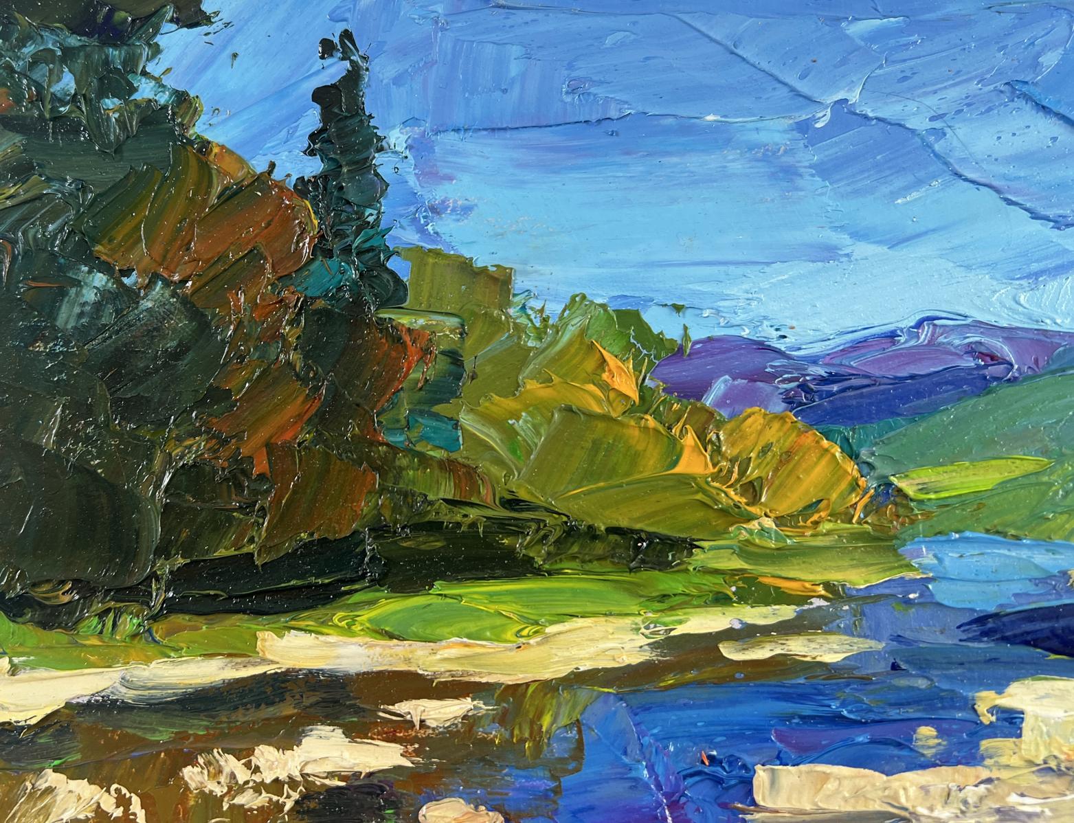 Vibrant impressionist oil painting of river and mountain slopes by Boris Serdyuk
