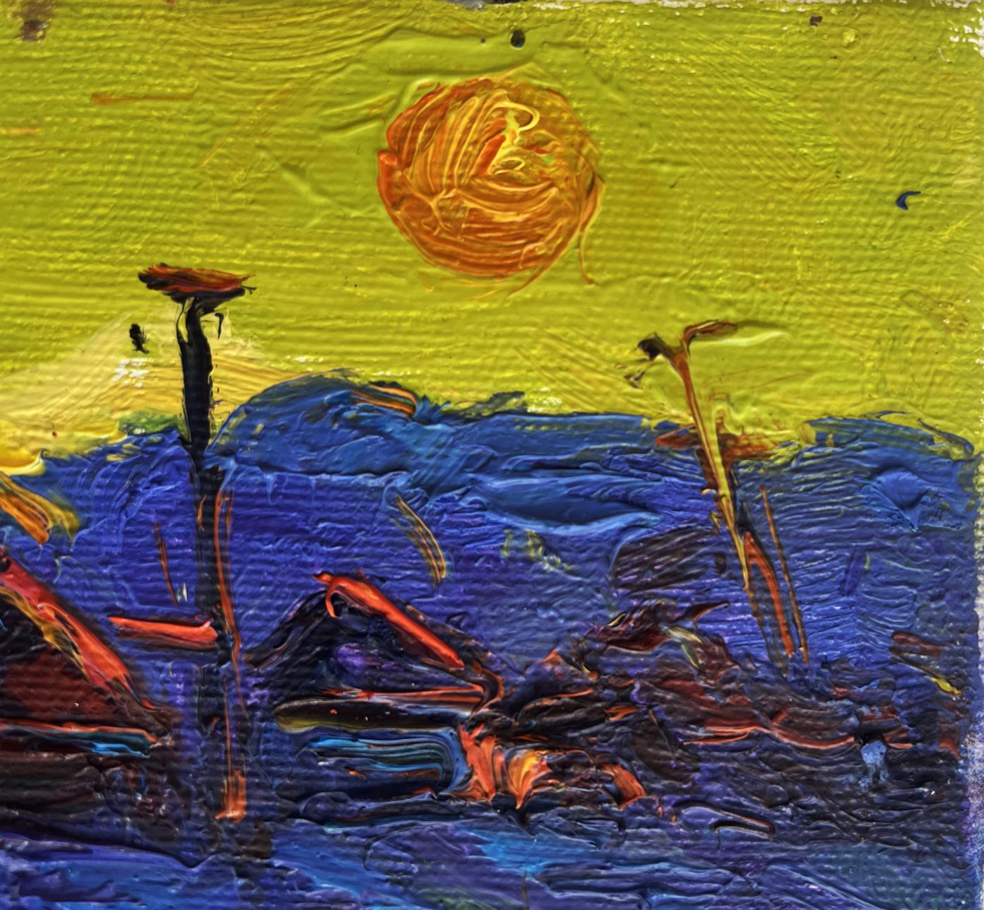 Oil painting of vibrant yellow sunset over village by Oksana Ivanyuk
