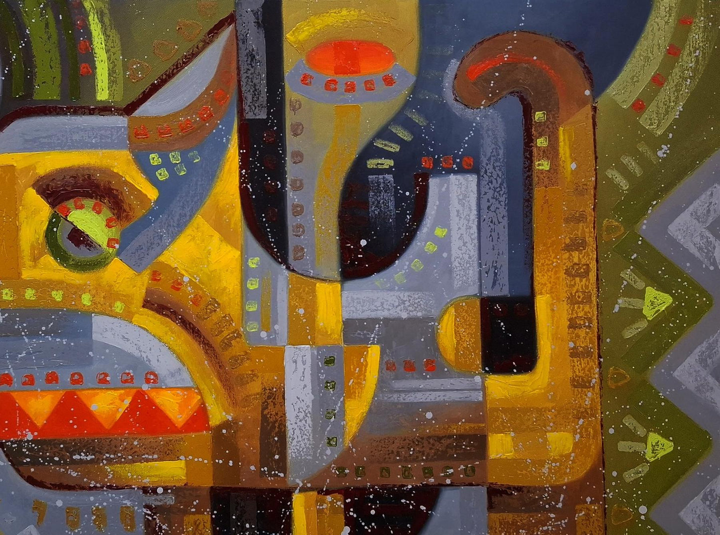 Oil painting Near the crosswalk by Sergiy Voichenko with bold geometric shapes