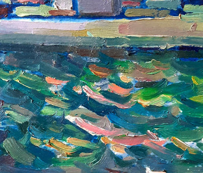 Vibrant impressionist oil painting of red barge on textured water by Pavel Dobrev