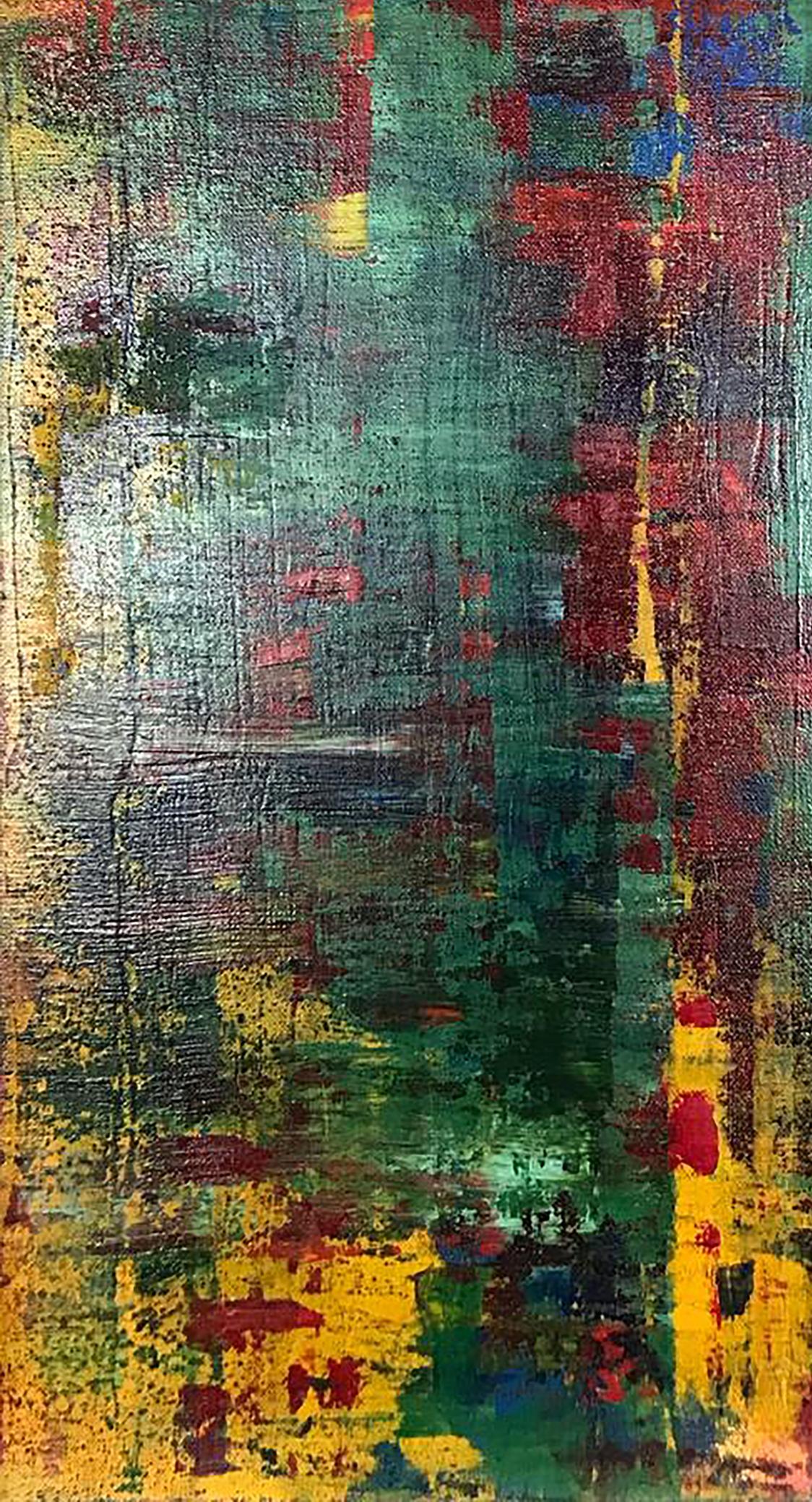 Abstract Autumn Olga Melezhik painting with textured green red yellow blue layers