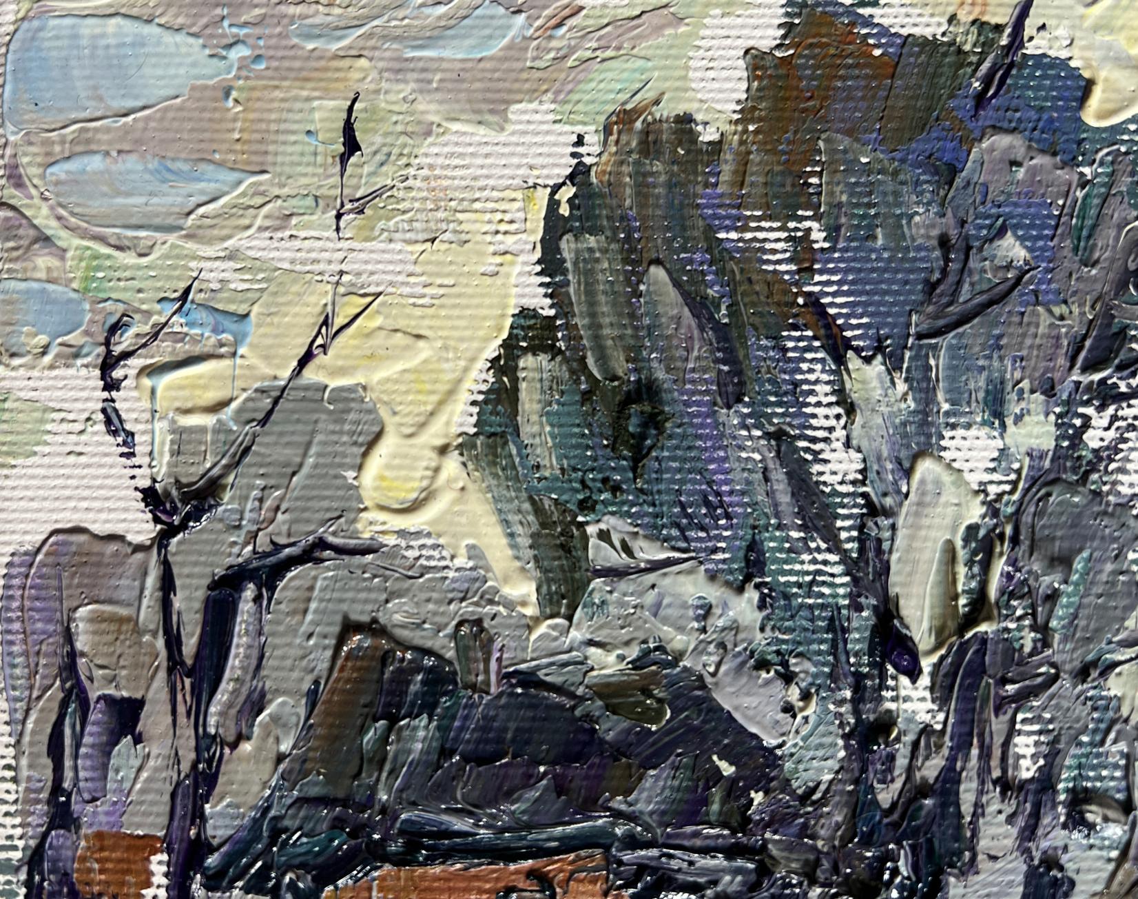 Oil painting Winter morning in the village by Oleksiy Ivanyuk impasto grays blues