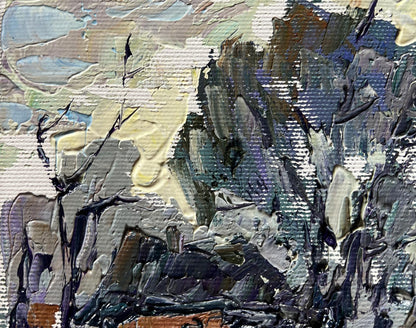 Oil painting Winter morning in the village by Oleksiy Ivanyuk impasto grays blues