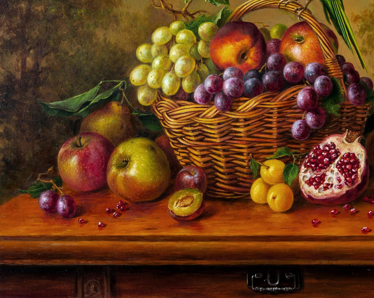 Oil painting He was green by Valeriy Bulat: overflowing wicker basket of grapes