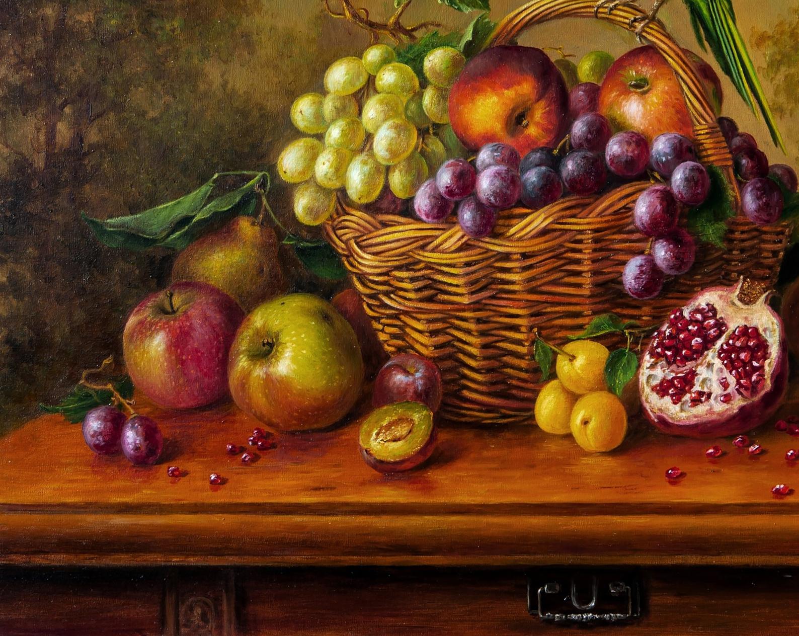 Oil painting He was green by Valeriy Bulat: overflowing wicker basket of grapes