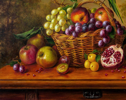 Oil painting He was green by Valeriy Bulat: overflowing wicker basket of grapes