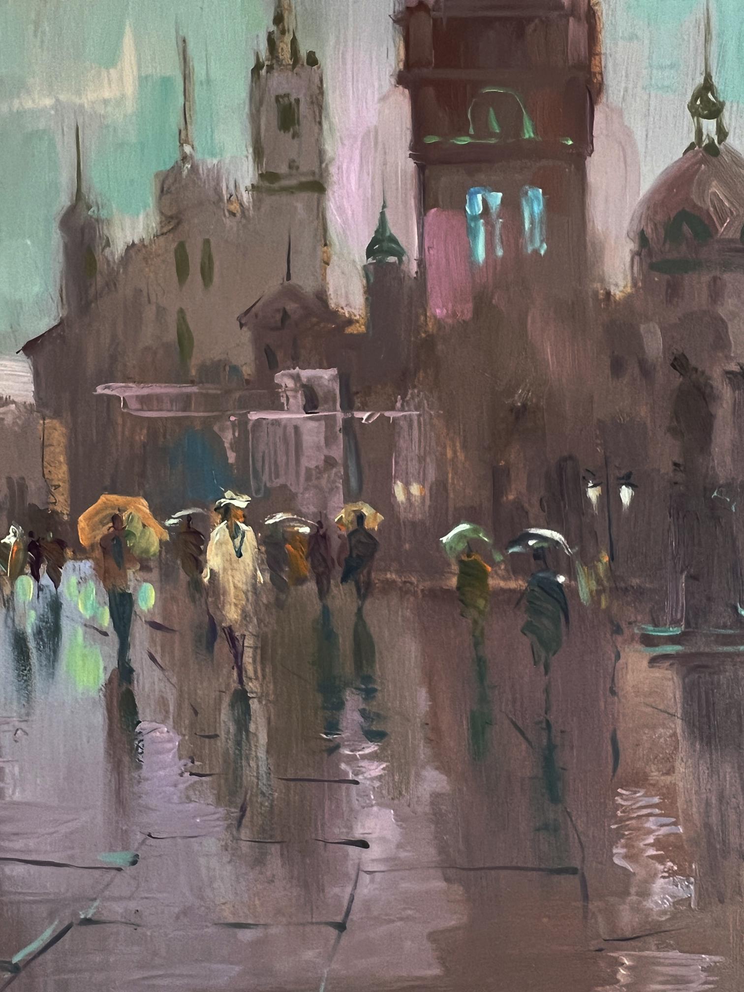 Moody impressionistic oil painting of Yuriy Suprunyuk’s rainy city central square