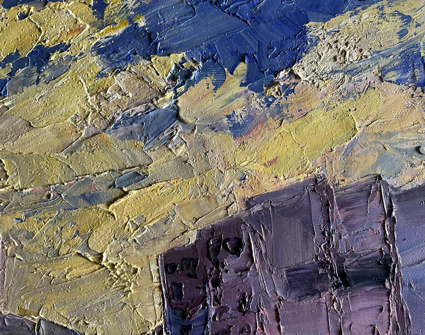 Oil painting Summer day in the city by Boris Serdyuk, impasto blue and gold