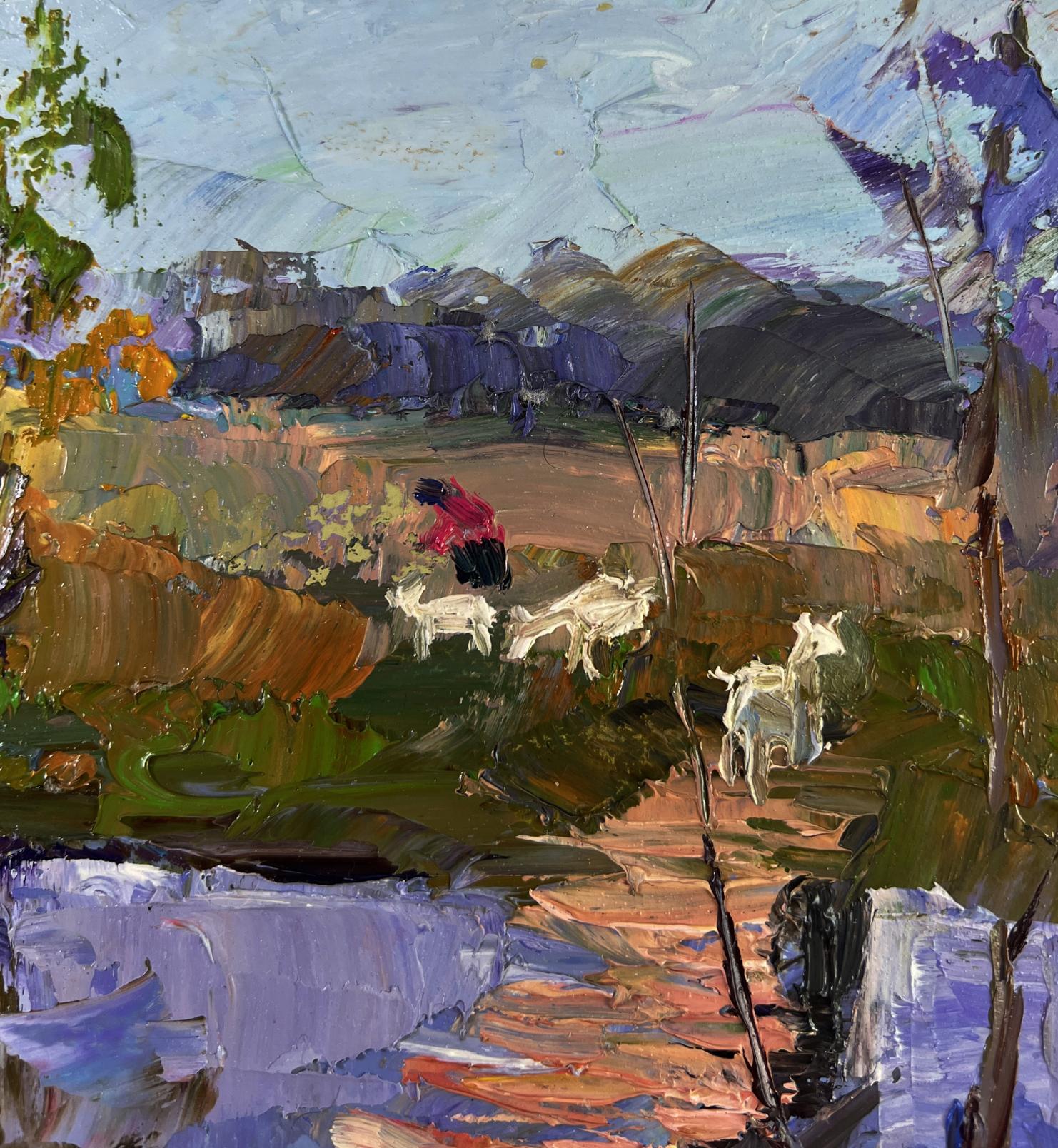 Oil painting Path between two banks by Boris Serdyuk: red figure tending white goats in vibrant hills