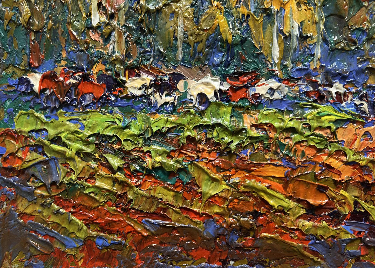Oil painting Autumn yellow forest by Oleksiy Ivanyuk, vibrant impasto abstract