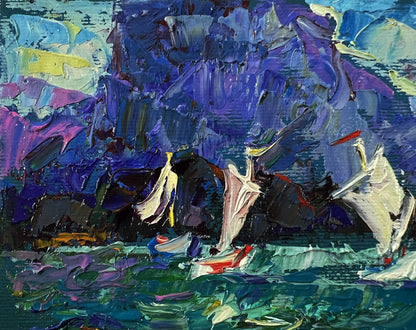 Vibrant impasto oil painting of boats on shore by Oleksiy Ivanyuk