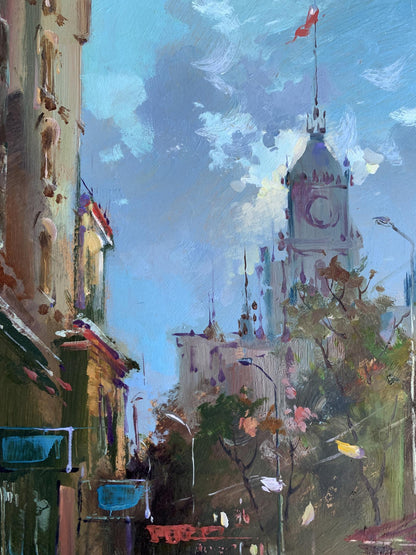 Oil painting of Yuriy Suprunchuk city bustle with ornate clock tower and red flag
