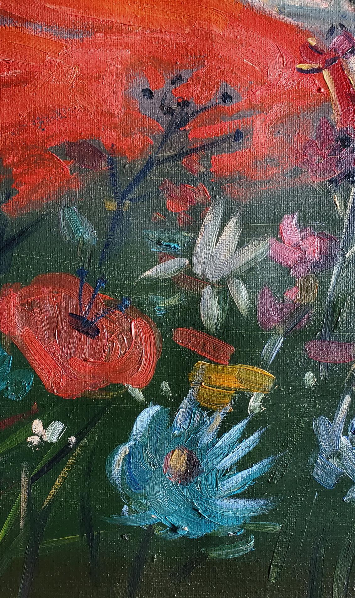 Oil painting Melody of the Steppe by Daniil Litvinov: vibrant red, blue, pink flowers on green