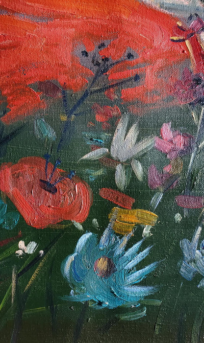 Oil painting Melody of the Steppe by Daniil Litvinov: vibrant red, blue, pink flowers on green