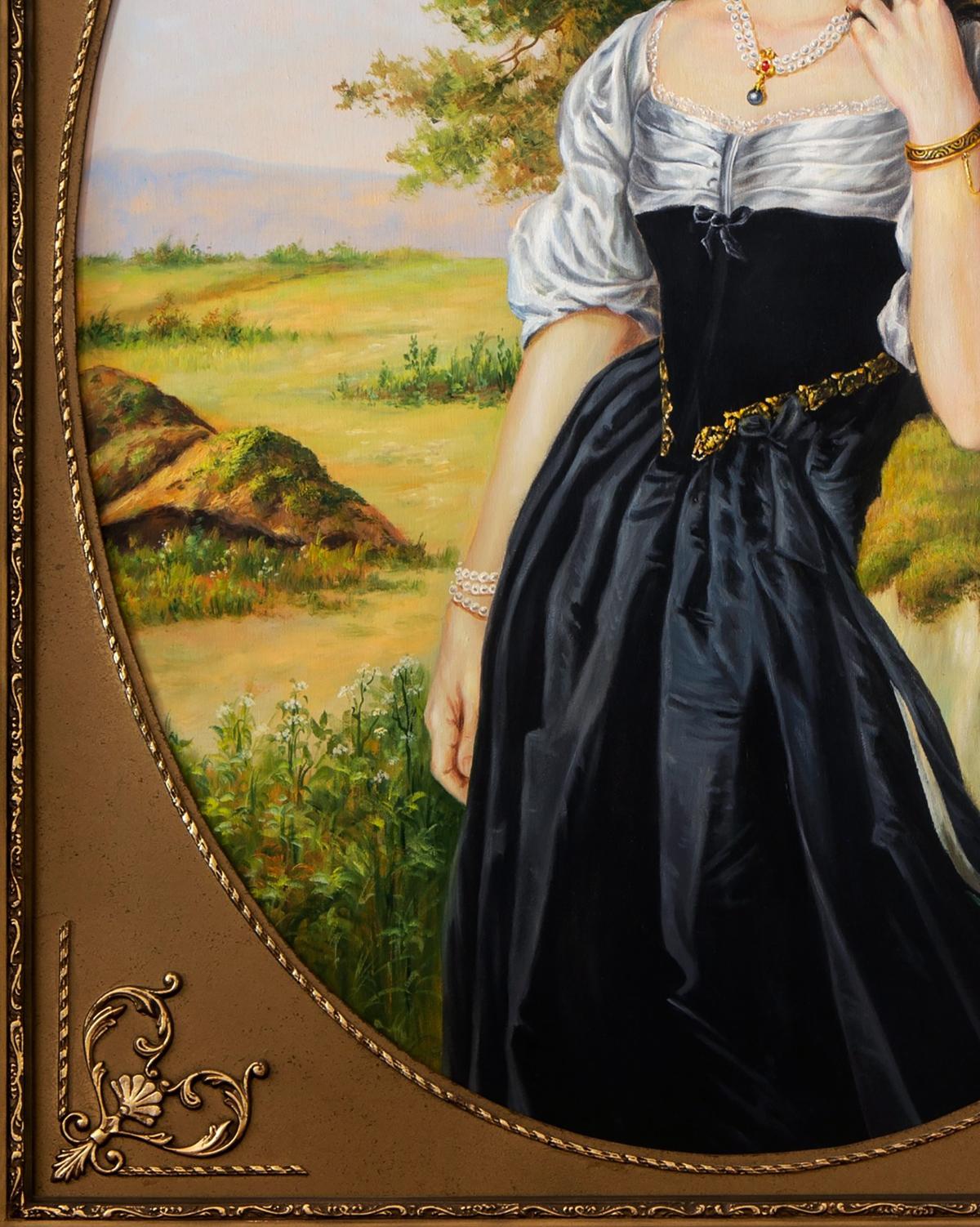 Oil painting portrait of Maria Valeriy Bulat in elegant black satin gown