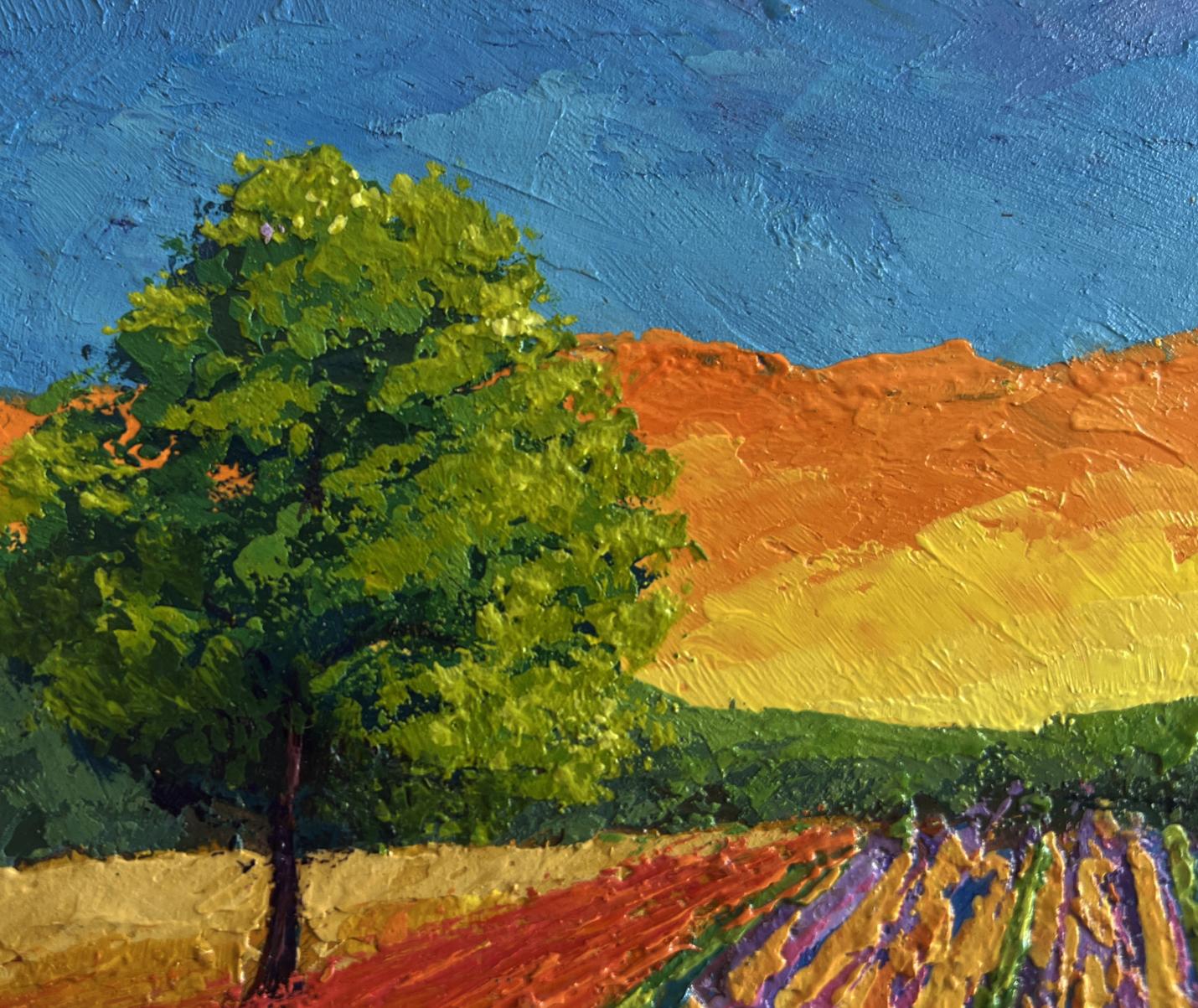 Vibrant impressionist oil painting of plowed fields, lush tree, and sunset by V. Zadorozhnya