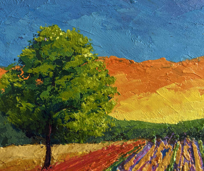 Vibrant impressionist oil painting of plowed fields, lush tree, and sunset by V. Zadorozhnya