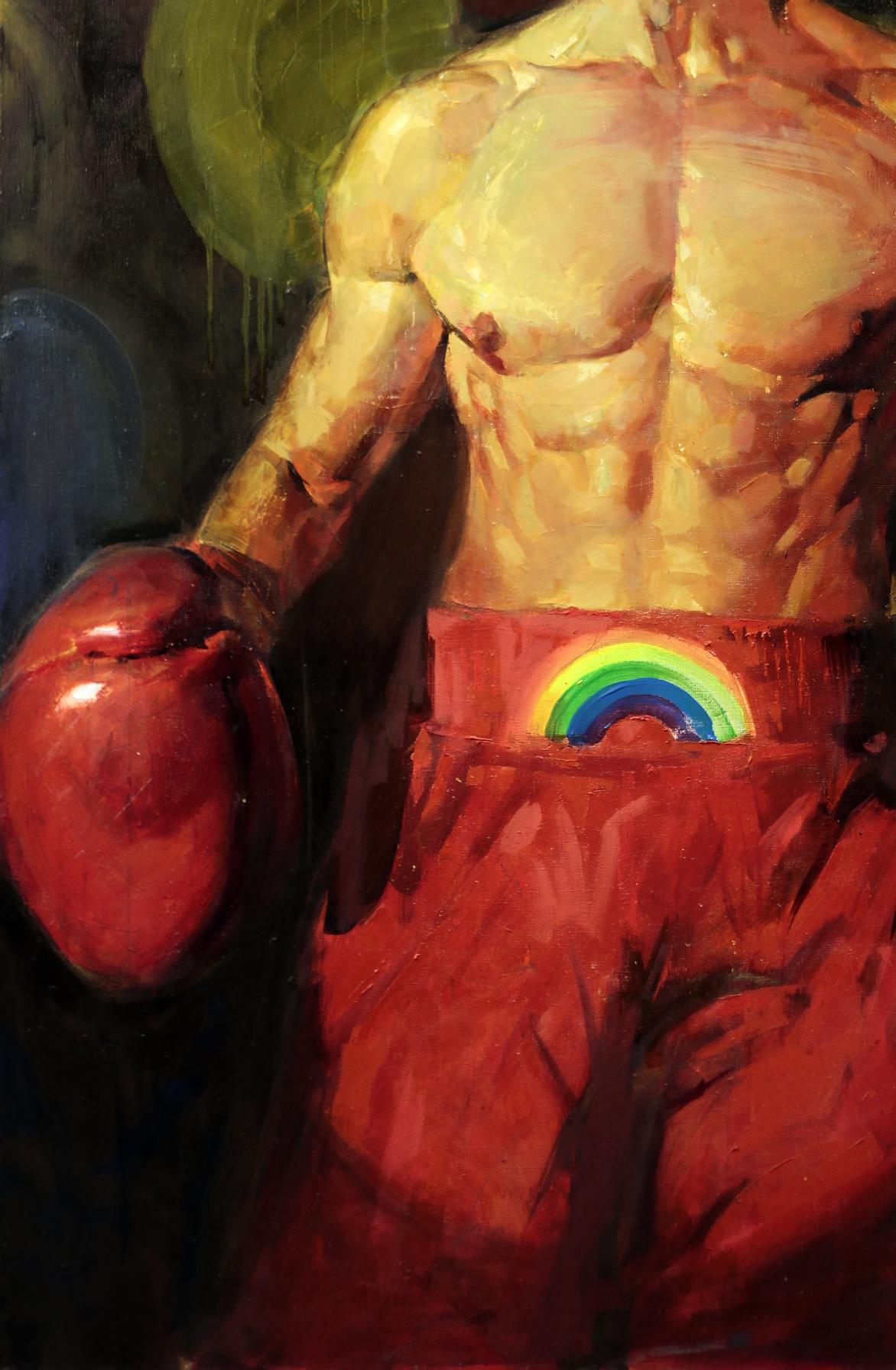Oil painting of muscular boxer in red trunks with rainbow emblem by Ed Potapenkov