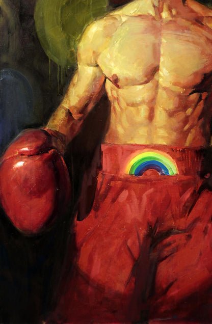 Oil painting of muscular boxer in red trunks with rainbow emblem by Ed Potapenkov