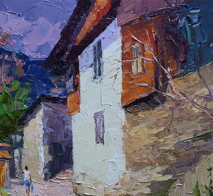 Oil painting by Boris Serdyuk: rustic white house on historic city street