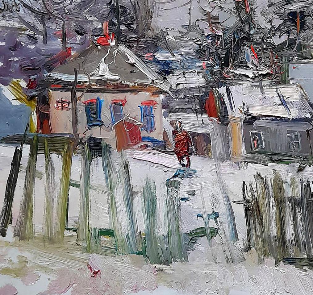 Impressionistic snowy village painting by Ivan Kovalenko, thick impasto strokes