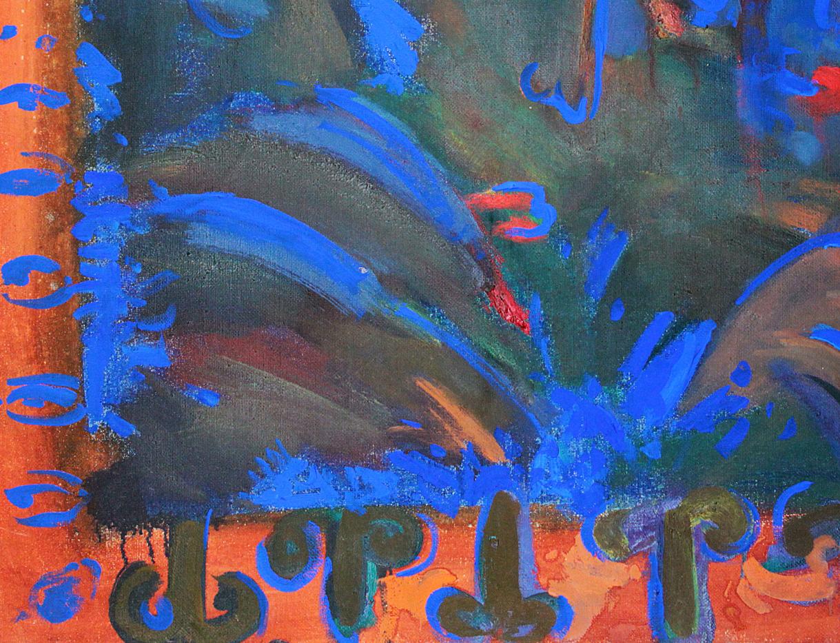 Vibrant abstract oil painting ADULTER by Ed Potapenkov with bold blue orange green strokes