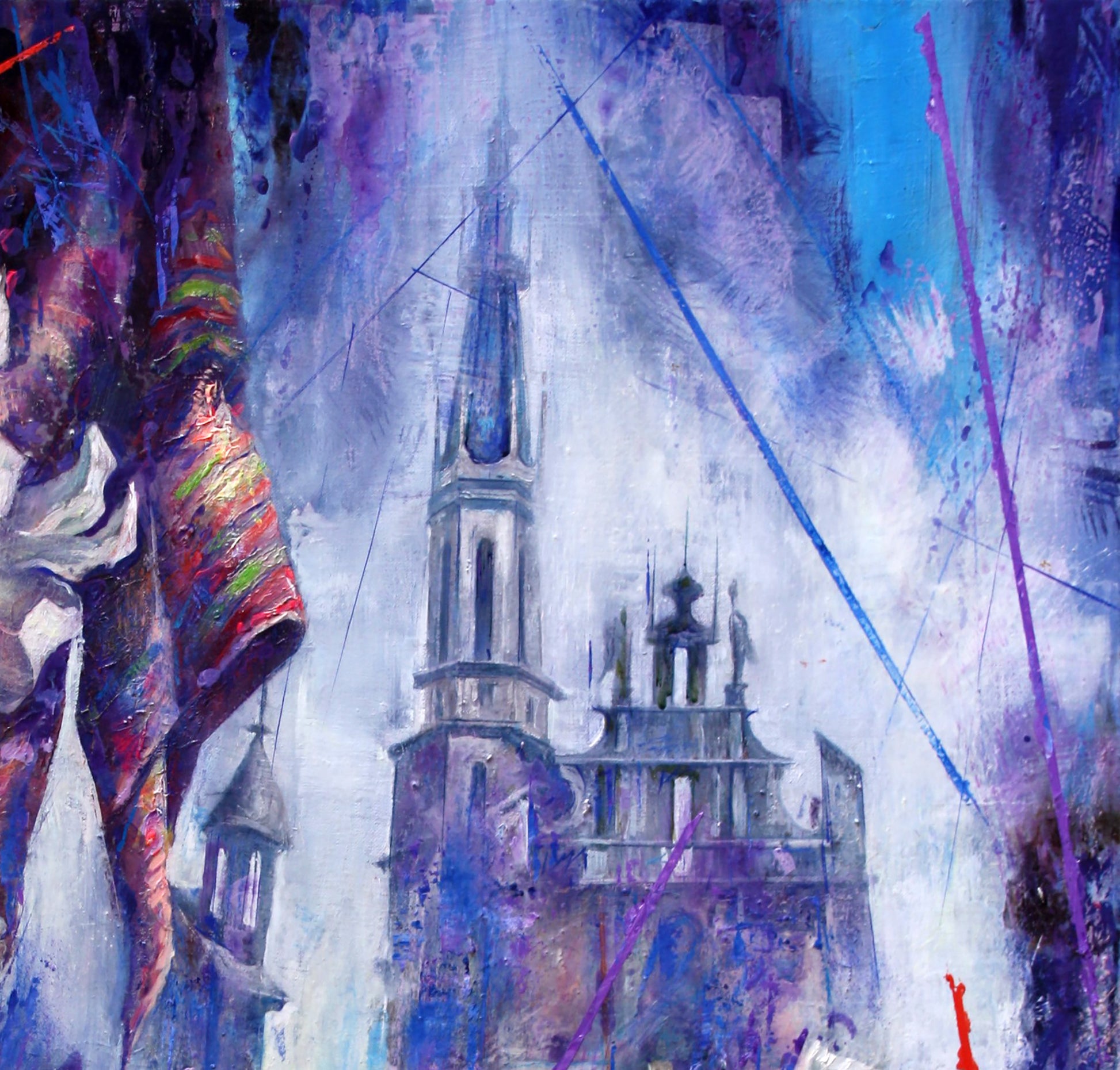 Oil painting Tales of the Old Town by Alexander Dobrodiy cathedral spire