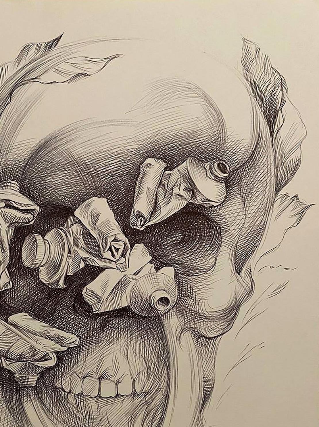 Detailed pencil sketch of skull with crumpled paper by Natalia Bulat
