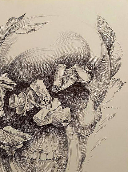 Detailed pencil sketch of skull with crumpled paper by Natalia Bulat